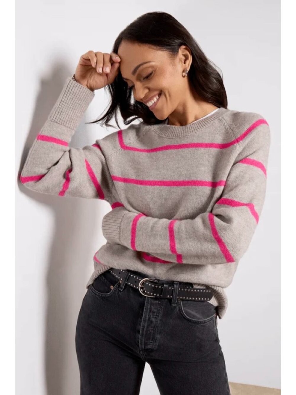 Evereve Gray Pink Striped Thea Crew Neck Pullover Sweater